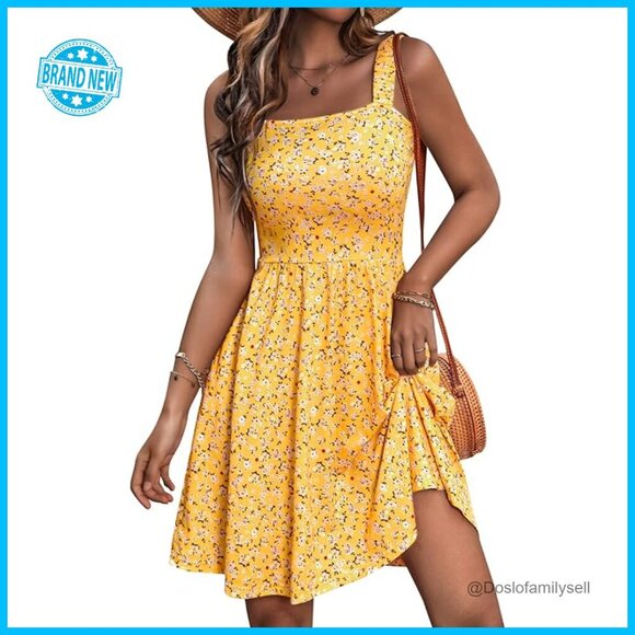 Dresses & Skirts - Sleeveless Square Neck A-Line Sundress with Pockets High Waist Midi Casual